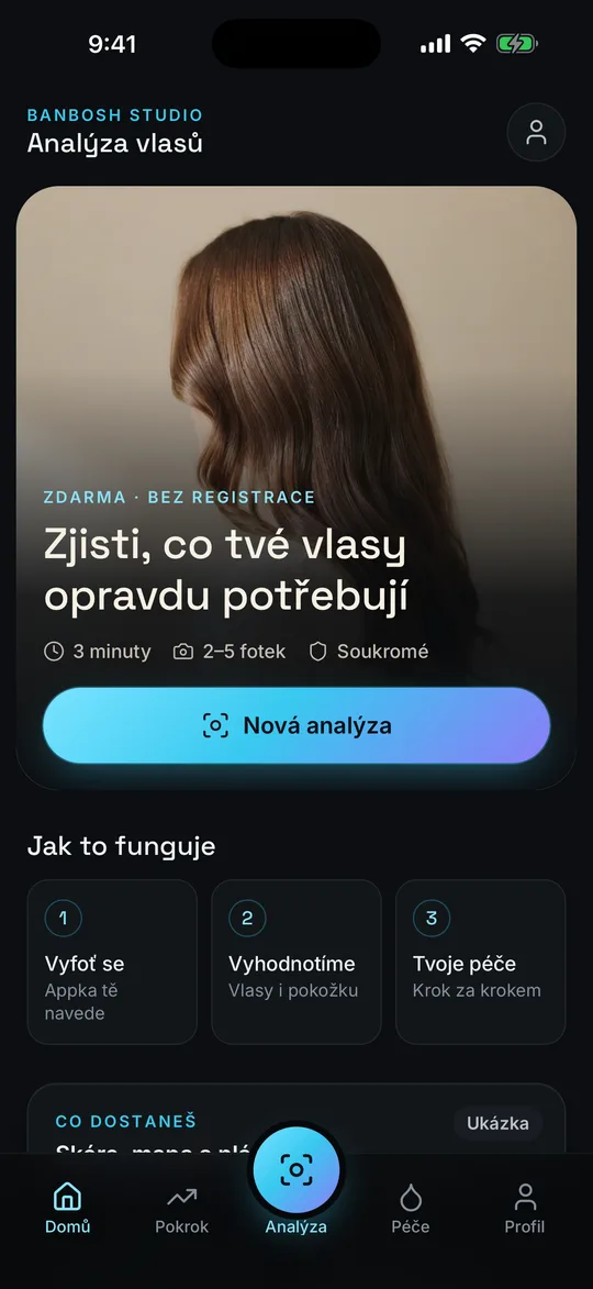 Úvodní obrazovka aplikace: Zjisti, co tvé vlasy opravdu potřebují