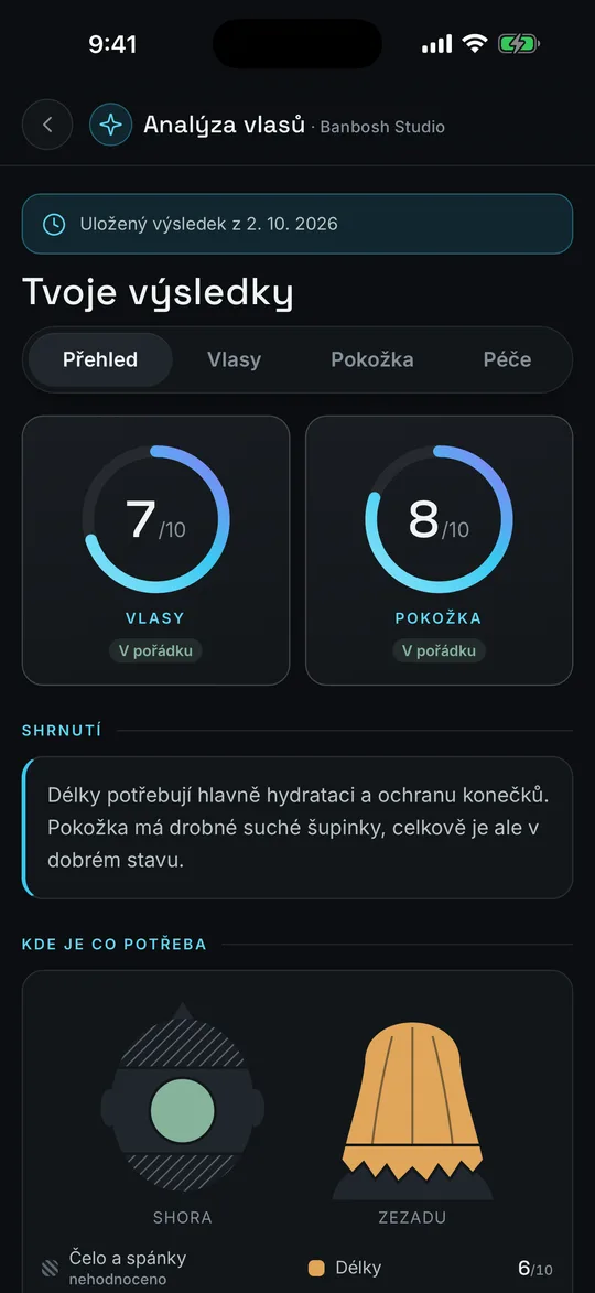 Výsledek analýzy: skóre vlasů 7 a pokožky 8 z 10 se shrnutím