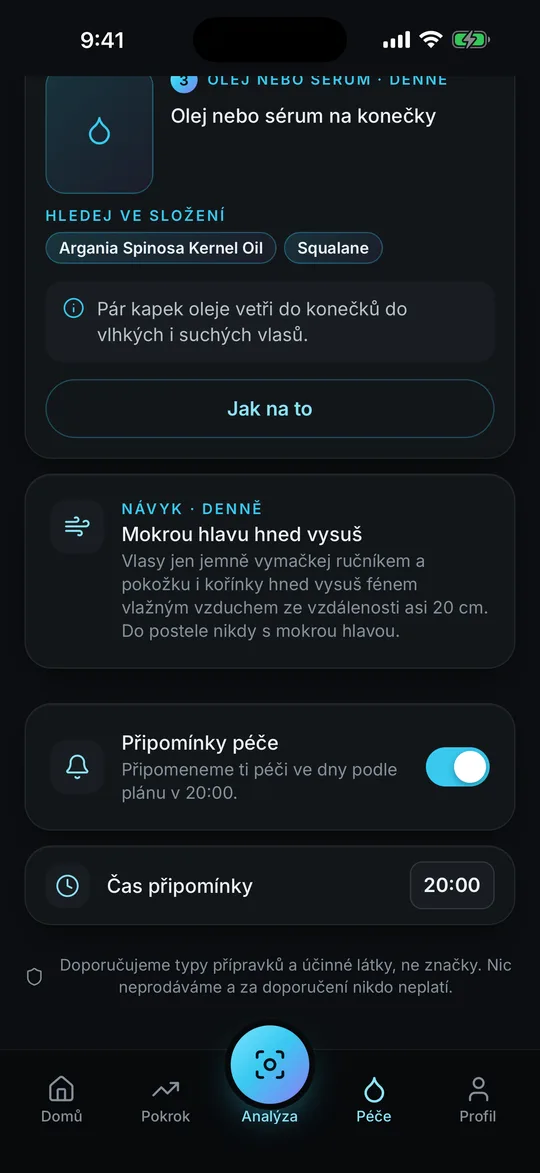 Péče: přepínač připomínek a čas připomínky 20:00
