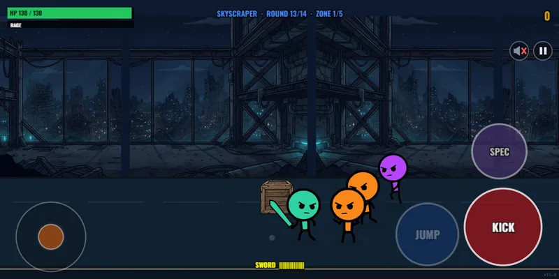 In-game screenshot with touch controls: joystick on the left, JUMP, KICK and SPEC buttons on the right