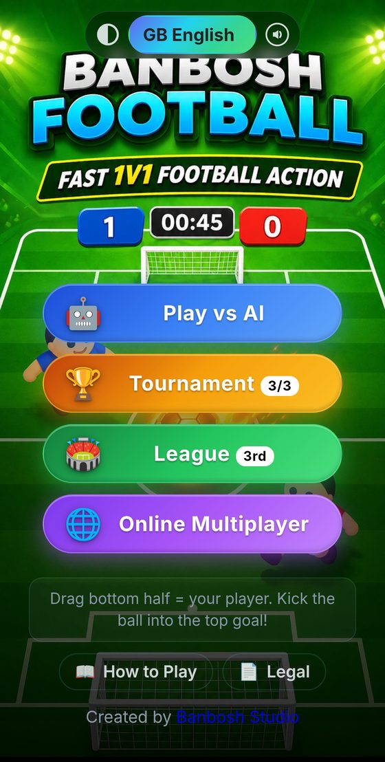 Banbosh Football main menu — Play vs AI, Tournament, League and Online Multiplayer