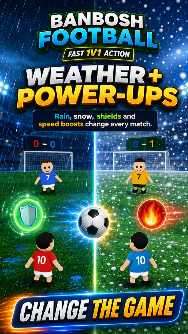 Weather and power-ups — rain, snow, shields and speed boosts change every match